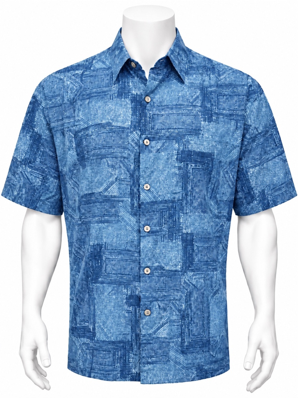 Vintage Tori Richard Blue Geometric Print Hawaiian Cotton Shirt USA Size Large